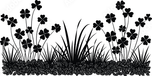Clover flower border silhouette vector illustration, decorative shamrock plants and grass isolated on white background design