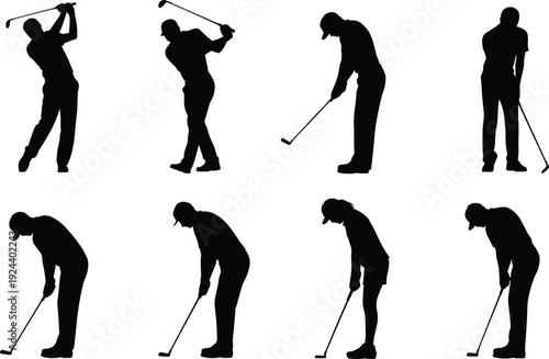 Golf player silhouettes collection isolated on white background, men and women golfers swinging and putting vector illustration set