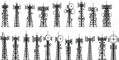 Telecommunication tower vector set, detailed radio antenna mast silhouettes isolated on white background for network technology design