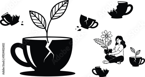 Flat design close up cracked cup with sprout growing and woman sitting holding potted flower in minimalist composition monochrome illustration