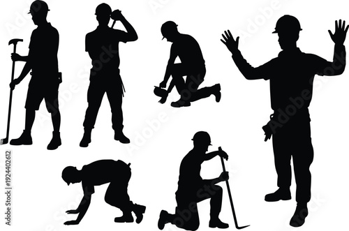 Construction worker silhouettes set isolated on white background, industrial laborers with tools in various working poses illustration vector clipart collection