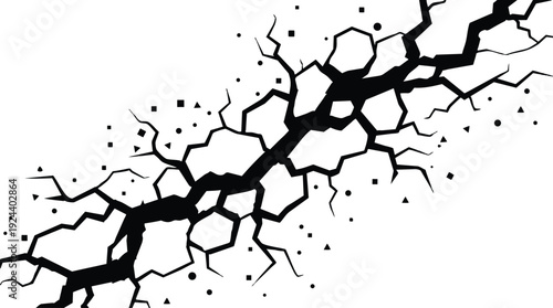Flat design diagonal cracked ground fissure vector silhouette close up scattered debris bold high contrast isolated on white background shadow