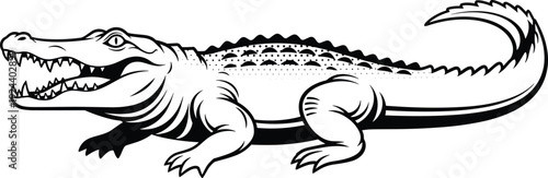 Alligator crocodile silhouette vector illustration, detailed black and white reptile animal graphic isolated on white background