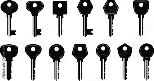 House key silhouette icon set, black metal key shapes collection isolated on white background for security design