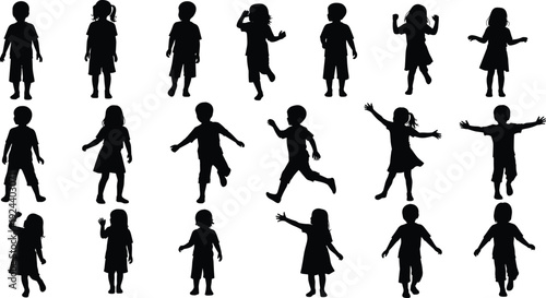 Collection of black silhouettes of diverse happy children playing, running, and standing, isolated on a white background, vector set.