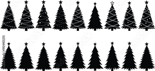 Christmas tree silhouette collection, decorated and plain pine fir trees isolated on white background vector illustration set