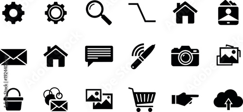 Collection of web and technology icons in black and white