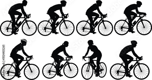 Collection of black silhouettes of professional cyclists riding bicycles in various racing poses, isolated on white background, vector graphic set.