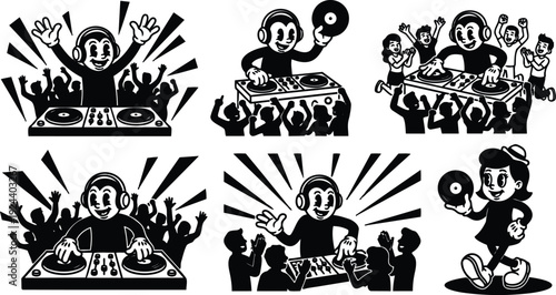 Retro cartoon dj vector performing on turntable with cheering crowd close up low angle vintage party scene energetic black white