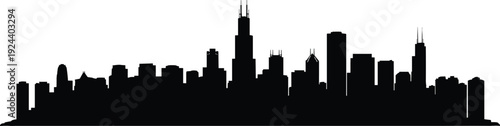 Detailed black silhouette of the Chicago city skyline with iconic skyscrapers, isolated on a clean white background, vector urban illustration.