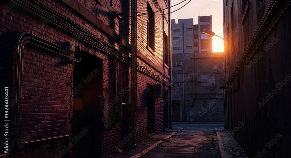 Fototapeta premium Dramatic urban alleyway at sunset with warm light illuminating brick buildings and cityscape backdrop.