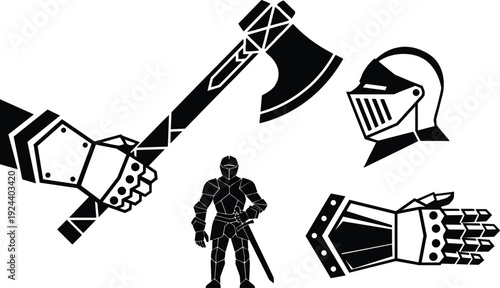 Flat design low angle silhouette medieval knight with sword standing and separate armored gauntlet helmet and battle axe close up