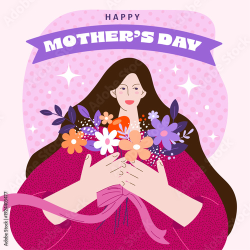 Happy Mother's day square greeting card with woman and flowers, may event, poster, banner, background, creative textured vector illustration