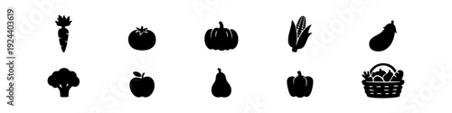 Set of black fruit and vegetable silhouette icons including carrot, tomato, pumpkin, corn, eggplant, broccoli, apple, pear, and garden basket.