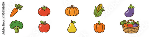 Set of colorful cartoon vegetable and fruit icons including carrot, tomato, pumpkin, corn, eggplant, broccoli, apple, pear, pepper, and basket.