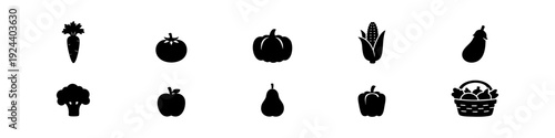 Set of black fruit and vegetable icons on a white background, featuring silhouettes of carrots, tomatoes, pumpkins, corn, and a basket of produce.