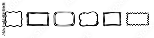 Set of six hand-drawn doodle frames and borders in a sketchy black ink style. Perfect for graphic design, text boxes, and social media stickers.