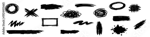 Set of black hand-drawn grunge brush strokes, ink splatters, scribbles, and shapes on white background. Ideal for artistic and graphic design.