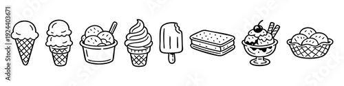 Vector set of hand-drawn ice cream illustrations including cones, cups, popsicles, and sundaes in a simple black and white line art style.