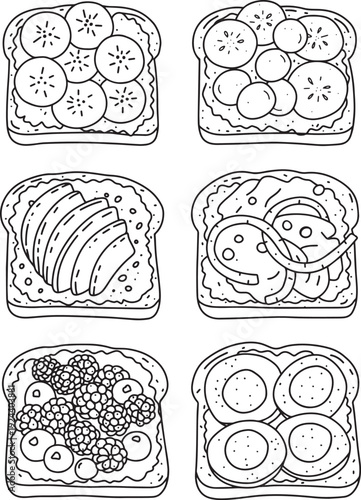 Assortment of Toasts with Various Toppings Line Art Six Toast Toppings Set Coloring Page