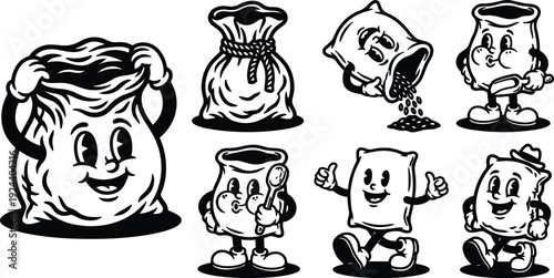 Retro cartoon mascot bag characters set close up smiling walking pouring grain vintage line art illustration black and white playful