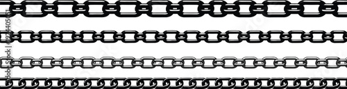 Metal chain border set, realistic steel link patterns isolated on white background vector illustration for design and decoration