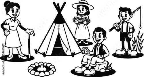 Retro cartoon low angle family camping scene smiling woman holding cane girl carrying wood boy fishing near teepee campfire backlit