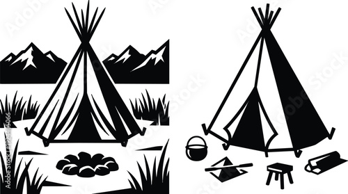 Minimalist vector teepee campsite scene with mountains campfire grass close up two tents side by side silhouette black ink flat