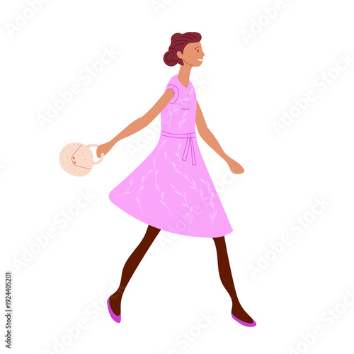 Happy young girl in bright pink floral dress with open arms striding wide swinging summer bag. Vector illustration in flat style