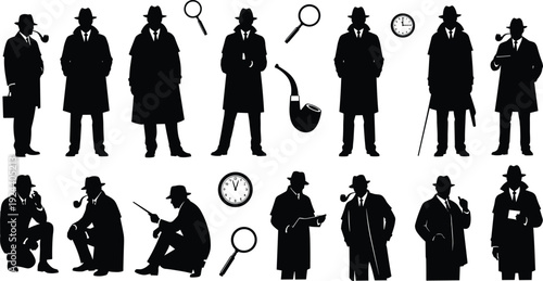 Detective silhouette set, private investigator characters with magnifying glass and pipe isolated on white background vector illustration