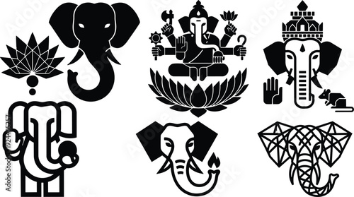 Flat design ganesha and elephant icon set showing lotus geometric line art meditative pose head front side silhouette minimal black