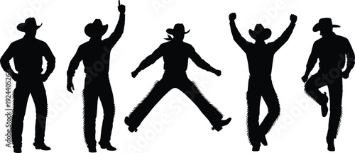 Cowboy silhouette set, western man dancing jumping posing isolated on white background vector illustration collection