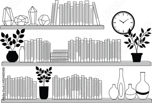 Bookshelf interior decor silhouette set, books plants clock and vases isolated on white background vector illustration