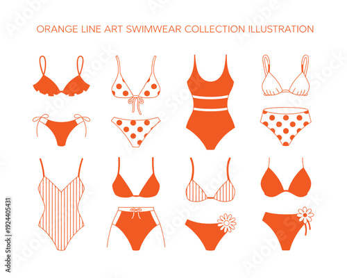Women’s bikini outline collection, orange line art illustrations featuring various swimwear styles, one-piece suits, beach fashion set