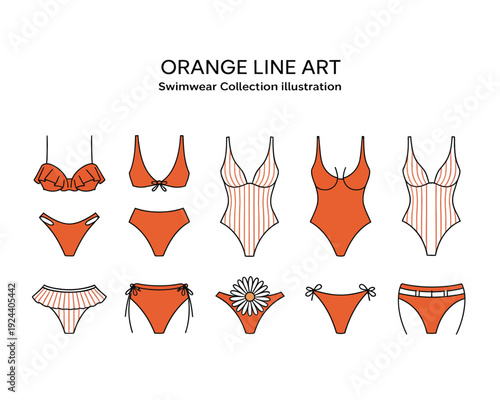 Women’s swimwear line art set, orange outline illustrations of bikinis, one-piece swimsuits, beachwear styles collection isolated.