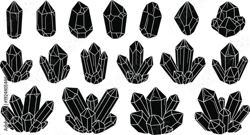 Crystal and gemstone silhouettes collection, quartz mineral clusters isolated on white background black vector illustration set