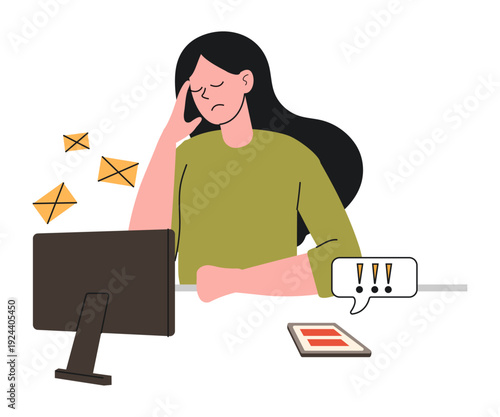 Girl cannot cope with tasks. Young woman sitting at desk in front of computer and tired from work. Vector illustration.