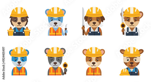 Cartoon Animals in Hard Hats and Overalls: Builder and Worker Avatars Set