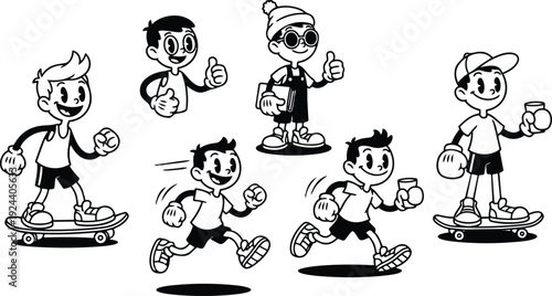 Retro cartoon vector boys skateboarding and running with thumbs up and jars close up low angle playful cheerful line art