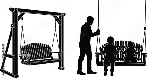 Garden swing silhouettes set, wooden bench with family enjoying outdoor isolated on white background vector illustration