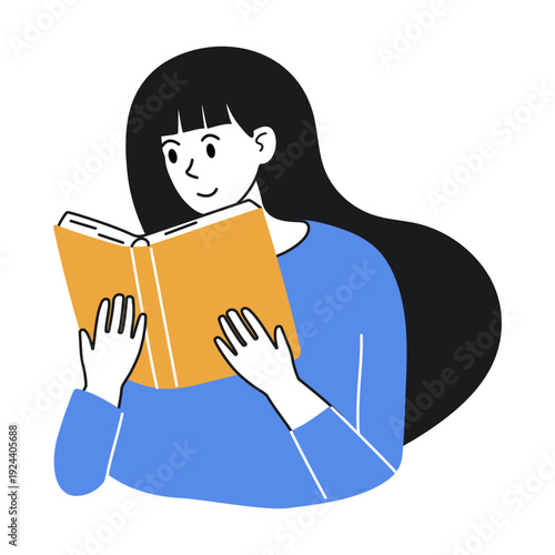 Girl with long hair reads book with great interest. Doodle illustration of reading, romantic imagination, dreamy personality.