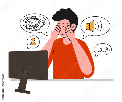 Person rubs eyes from fatigue, from working with computer monitor. Work fatigue doodle vector illustration. Office work.