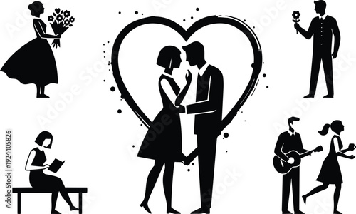 Flat design romantic couple silhouettes in heart frame central kissing couple with surrounding valentine scenes woman bouquet man guitar serenade
