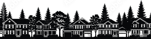 Suburban neighborhood skyline silhouette, residential houses with trees isolated on white background cityscape vector illustration