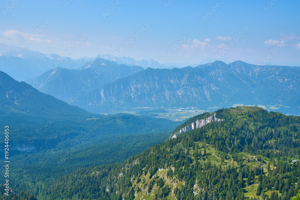 Fototapeta premium Scenic panorama of summer Alpine mountains in Upper Austria.