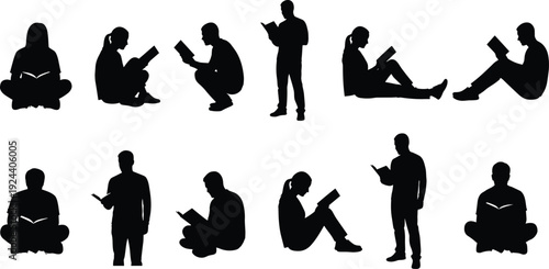 Collection of people reading books silhouettes, students sitting and standing isolated on white background, education learning concept vector illustration