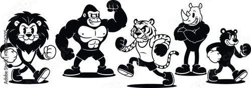Retro cartoon mascot lineup close up frontal view five animal fighters bold black and white vector art showing aggressive playful