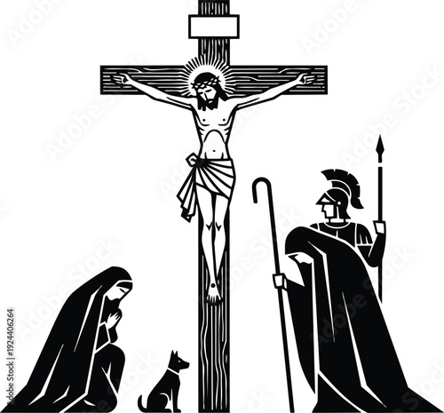 Woodcut style crucifixion low angle jesus christ on cross mary kneeling dog soldier holding spear and staff dark contrast silhouette