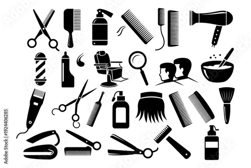 barber and hair salon tool icons including scissors, brushes, clippers, and more, perfect for representing professional barbering skills, high rank titles, and expert grooming services.