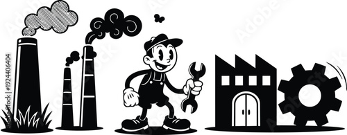Vintage cartoon mechanic holding wrench smiling standing between smoking factory chimneys and gear in industrial scene low angle looking forward
